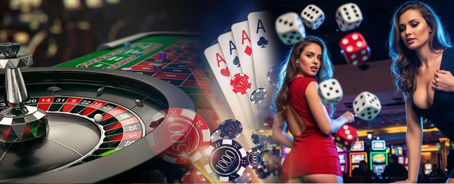 Dynamic online casino background with flashing lights and game elements